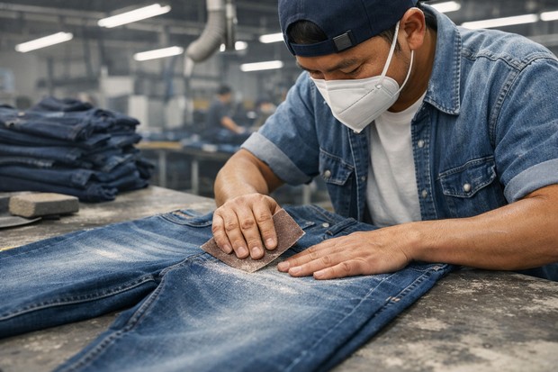 Denim sanding by a sandpaper
